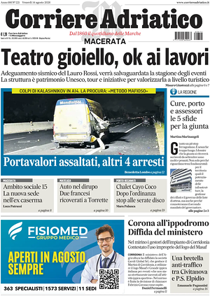 Prima pagina Corriere Adriatico (Macerata) di oggi - Quotidiano regionale
