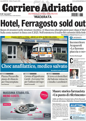 Prima pagina Corriere Adriatico (Macerata) di oggi - Quotidiano regionale