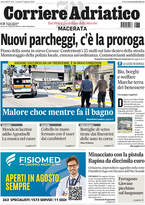 Prima pagina Corriere Adriatico (Macerata) di oggi - Quotidiano regionale