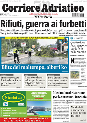Prima pagina Corriere Adriatico (Macerata) di oggi - Quotidiano regionale