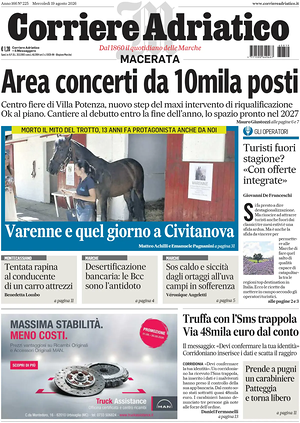 Prima pagina Corriere Adriatico (Macerata) di oggi - Quotidiano regionale
