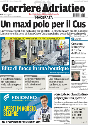 Prima pagina Corriere Adriatico (Macerata) di oggi - Quotidiano regionale