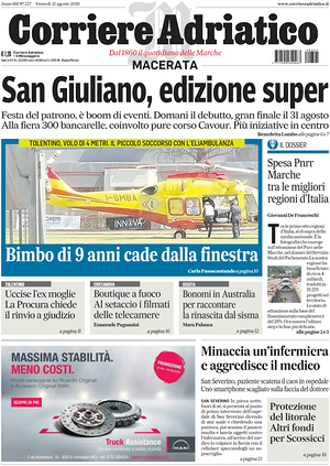 Prima pagina Corriere Adriatico (Macerata) di oggi - Quotidiano regionale