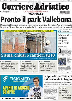 Prima pagina Corriere Adriatico (Macerata) di oggi - Quotidiano regionale