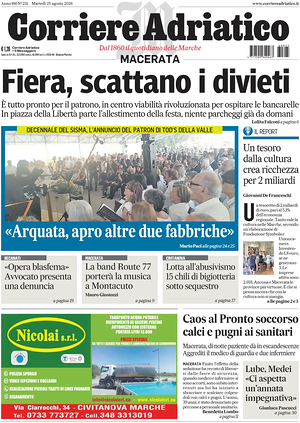 Prima pagina Corriere Adriatico (Macerata) di oggi - Quotidiano regionale