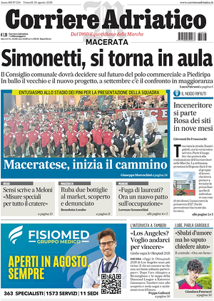 Prima pagina Corriere Adriatico (Macerata) di oggi - Quotidiano regionale