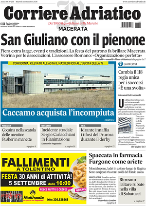 Prima pagina Corriere Adriatico (Macerata) di oggi - Quotidiano regionale
