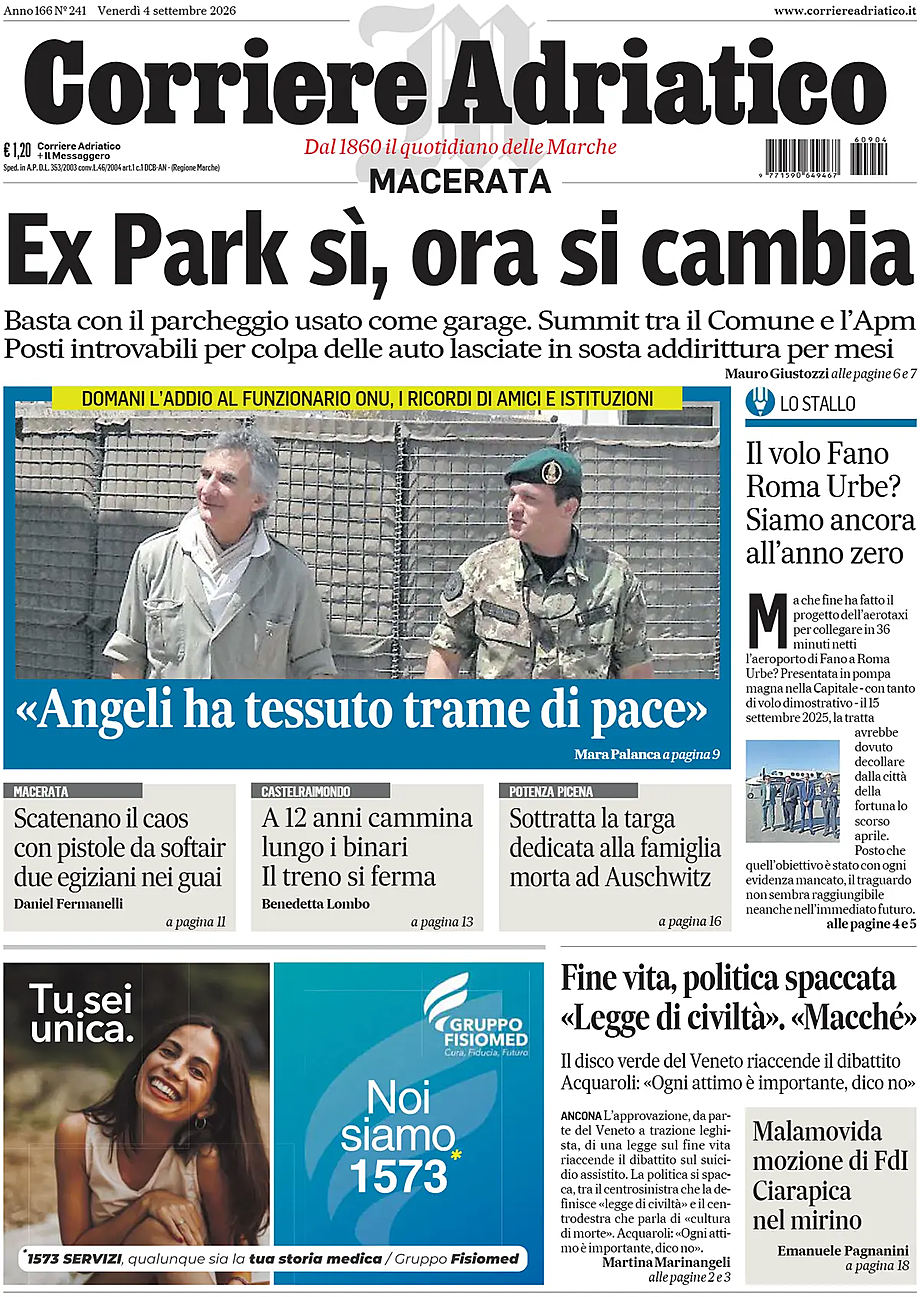 Prima pagina Corriere Adriatico (Macerata) di oggi - Edicola 4 Settembre 2026