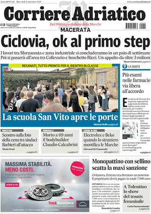 Prima pagina Corriere Adriatico (Macerata) di oggi - Quotidiano regionale