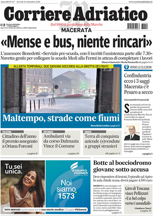 Prima pagina Corriere Adriatico (Macerata) di oggi - Quotidiano regionale