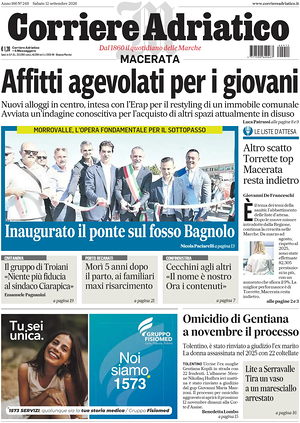 Prima pagina Corriere Adriatico (Macerata) di oggi - Quotidiano regionale