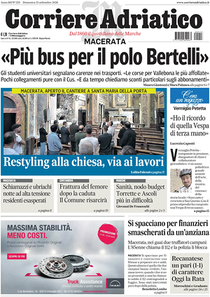 Prima pagina Corriere Adriatico (Macerata) di oggi - Quotidiano regionale
