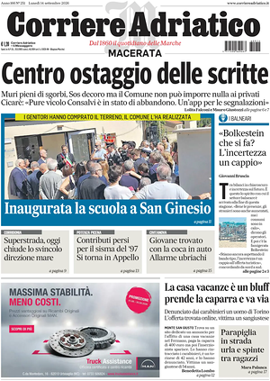 Prima pagina Corriere Adriatico (Macerata) di oggi - Quotidiano regionale