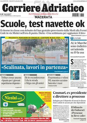 Prima pagina Corriere Adriatico (Macerata) di oggi - Quotidiano regionale