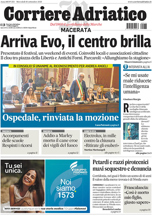 Prima pagina Corriere Adriatico (Macerata) di oggi - Quotidiano regionale