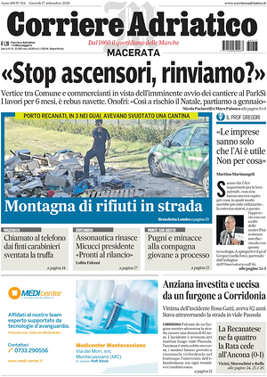 Prima pagina Corriere Adriatico (Macerata) di oggi - Quotidiano regionale