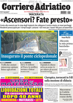 Prima pagina Corriere Adriatico (Macerata) di oggi - Quotidiano regionale