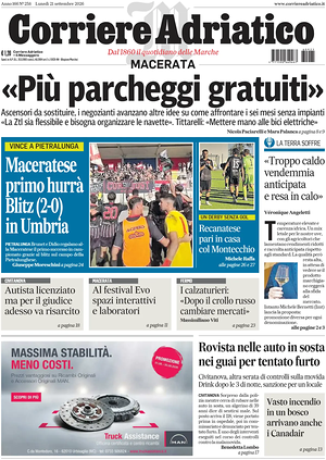 Prima pagina Corriere Adriatico (Macerata) di oggi - Quotidiano regionale
