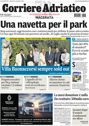 Prima pagina Corriere Adriatico (Macerata) di oggi - Quotidiano regionale