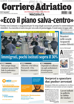 Prima pagina Corriere Adriatico (Macerata) di oggi - Quotidiano regionale
