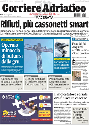 Prima pagina Corriere Adriatico (Macerata) di oggi - Quotidiano regionale