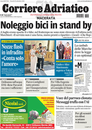Prima pagina Corriere Adriatico (Macerata) di oggi - Quotidiano regionale