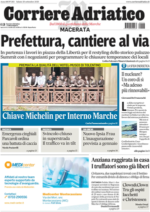 Prima pagina Corriere Adriatico (Macerata) di oggi - Quotidiano regionale