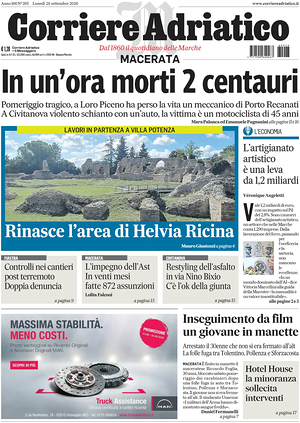 Prima pagina Corriere Adriatico (Macerata) di oggi - Quotidiano regionale