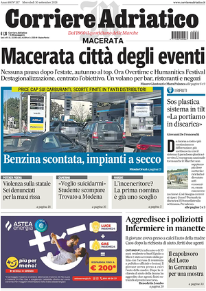Prima pagina Corriere Adriatico (Macerata) di oggi - Quotidiano regionale
