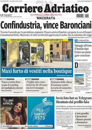 Prima pagina Corriere Adriatico (Macerata) di oggi - Quotidiano regionale