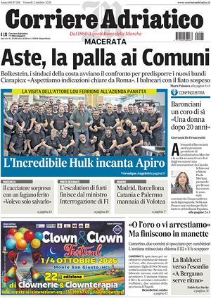 Prima pagina Corriere Adriatico (Macerata) di oggi - Quotidiano regionale