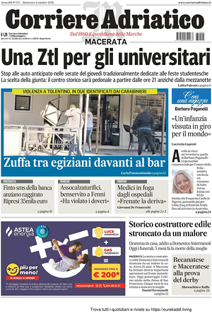 Prima pagina Corriere Adriatico (Macerata) di oggi - Quotidiano regionale