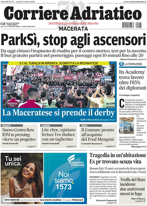 Prima pagina Corriere Adriatico (Macerata) di oggi - Quotidiano regionale