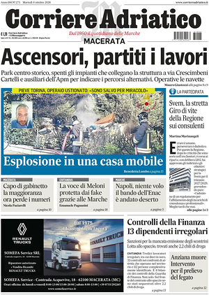 Prima pagina Corriere Adriatico (Macerata) di oggi - Quotidiano regionale