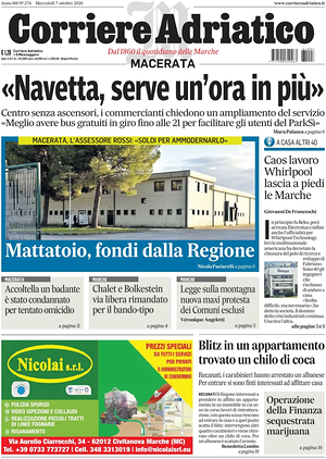 Prima pagina Corriere Adriatico (Macerata) di oggi - Quotidiano regionale