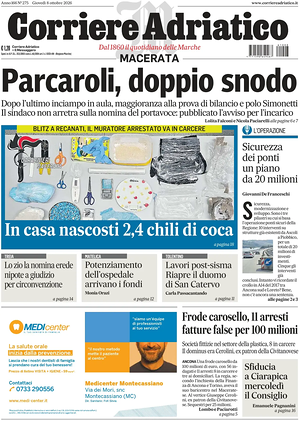 Prima pagina Corriere Adriatico (Macerata) di oggi - Quotidiano regionale
