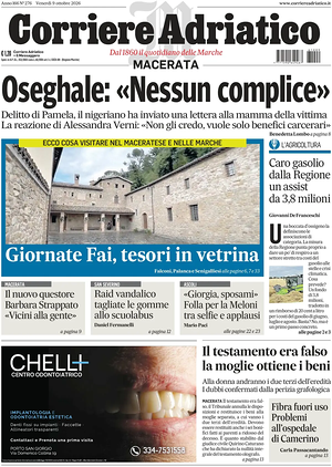 Prima pagina Corriere Adriatico (Macerata) di oggi - Quotidiano regionale