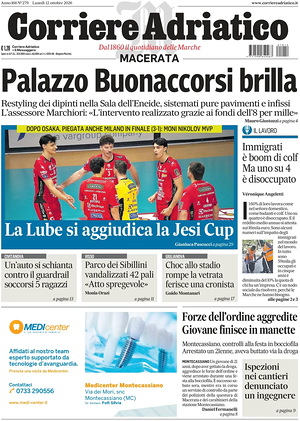 Prima pagina Corriere Adriatico (Macerata) di oggi - Quotidiano regionale