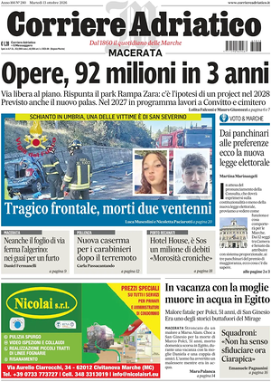 Prima pagina Corriere Adriatico (Macerata) di oggi - Quotidiano regionale