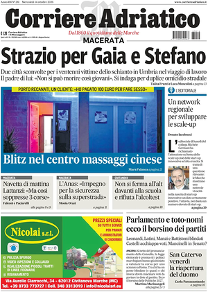 Prima pagina Corriere Adriatico (Macerata) di oggi - Quotidiano regionale