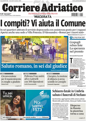 Prima pagina Corriere Adriatico (Macerata) di oggi - Quotidiano regionale