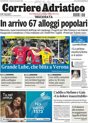Prima pagina Corriere Adriatico (Macerata) di oggi - Quotidiano regionale