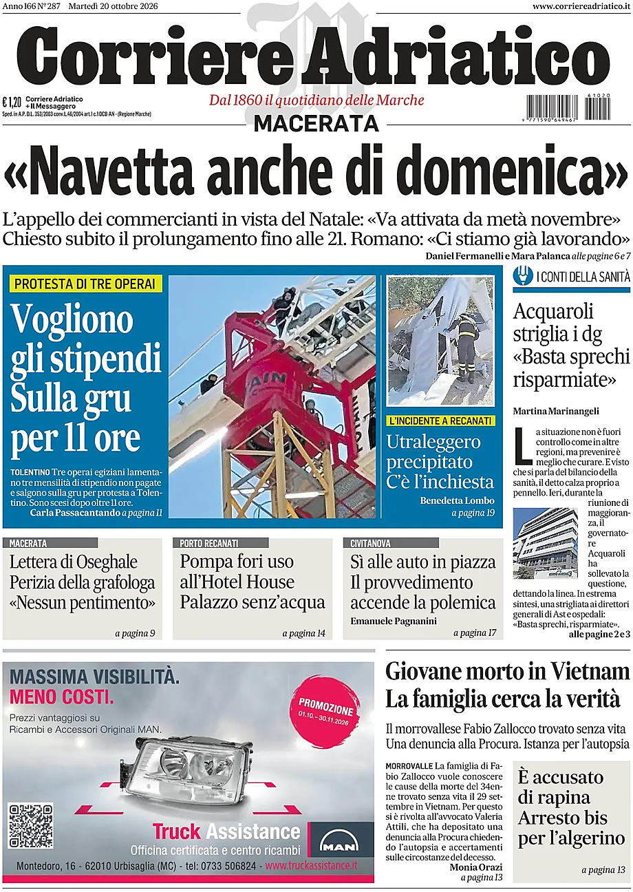 Prima pagina Corriere Adriatico (Macerata) di oggi - Edicola 20 Ottobre 2026