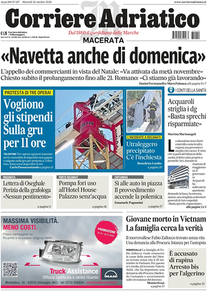 Prima pagina Corriere Adriatico (Macerata) di oggi - Quotidiano regionale