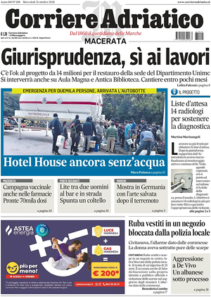 Prima pagina Corriere Adriatico (Macerata) di oggi - Quotidiano regionale