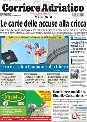 Prima pagina Corriere Adriatico (Macerata) di oggi - Quotidiano regionale