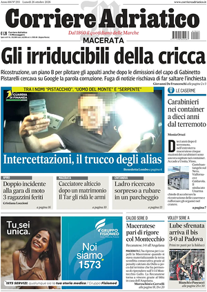 Prima pagina Corriere Adriatico (Macerata) di oggi - Quotidiano regionale