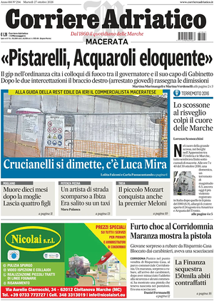 Prima pagina Corriere Adriatico (Macerata) di oggi - Quotidiano regionale