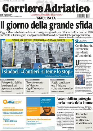 Prima pagina Corriere Adriatico (Macerata) di oggi - Quotidiano regionale
