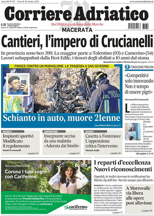 Prima pagina Corriere Adriatico (Macerata) di oggi - Quotidiano regionale